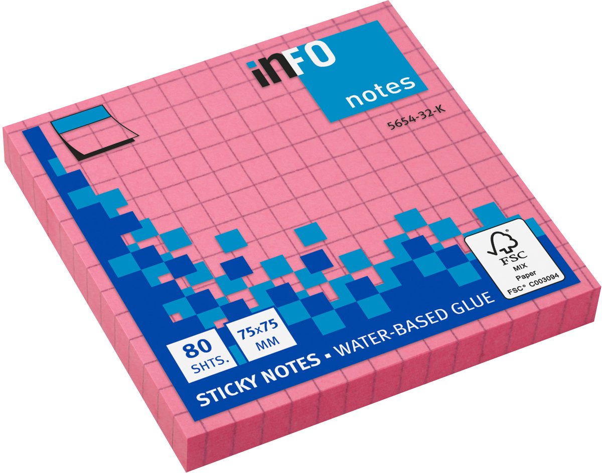 Info sticky notes - Brilliant - 80 vel - 75x75mm - geruit - roze - IN-5654-32-K