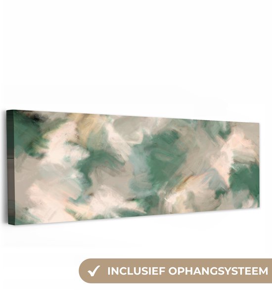 Peinture abstraite avec des touches de vert, beige et rose, avec le texte 'SYSTÈME DE SUSPENSION INCLUS'.