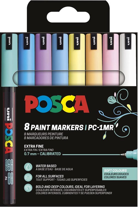 Uni POSCA paintmarker PC-1MR | 0 | 7 mm | etui van 8 stuks in geassorteerde zachte kleuren