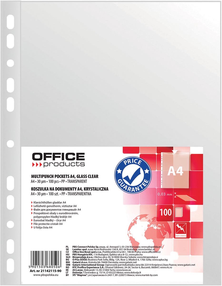 OFFICE products geperforeerde showtas | A4 | 30 micron | glashelder | pak van 100 stuks