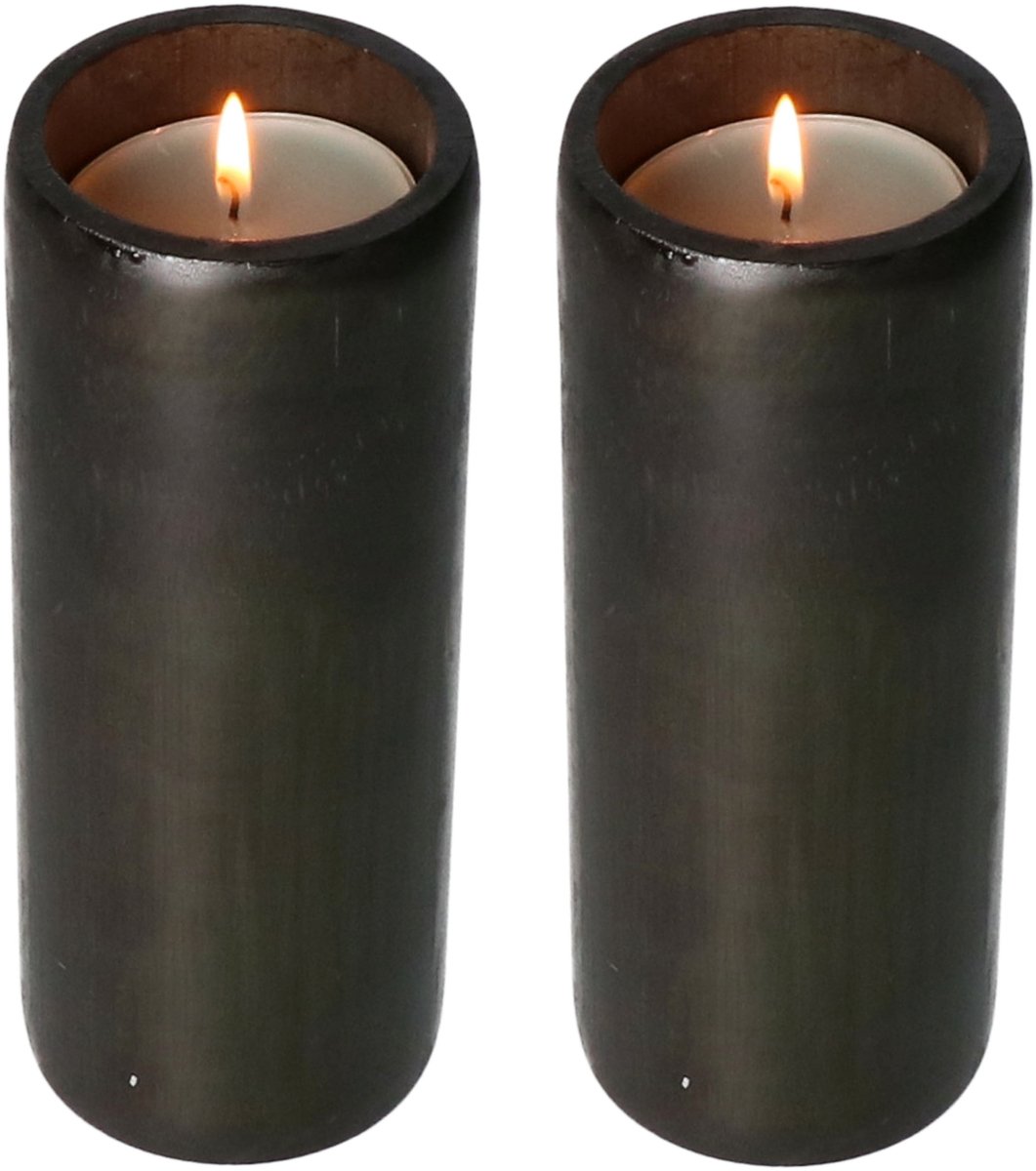 Lesliliving Lesli Living Kaarsenhouders/waxinelichtjes houders - 2x - bamboe - zwart - H20 cm - theelicht houder