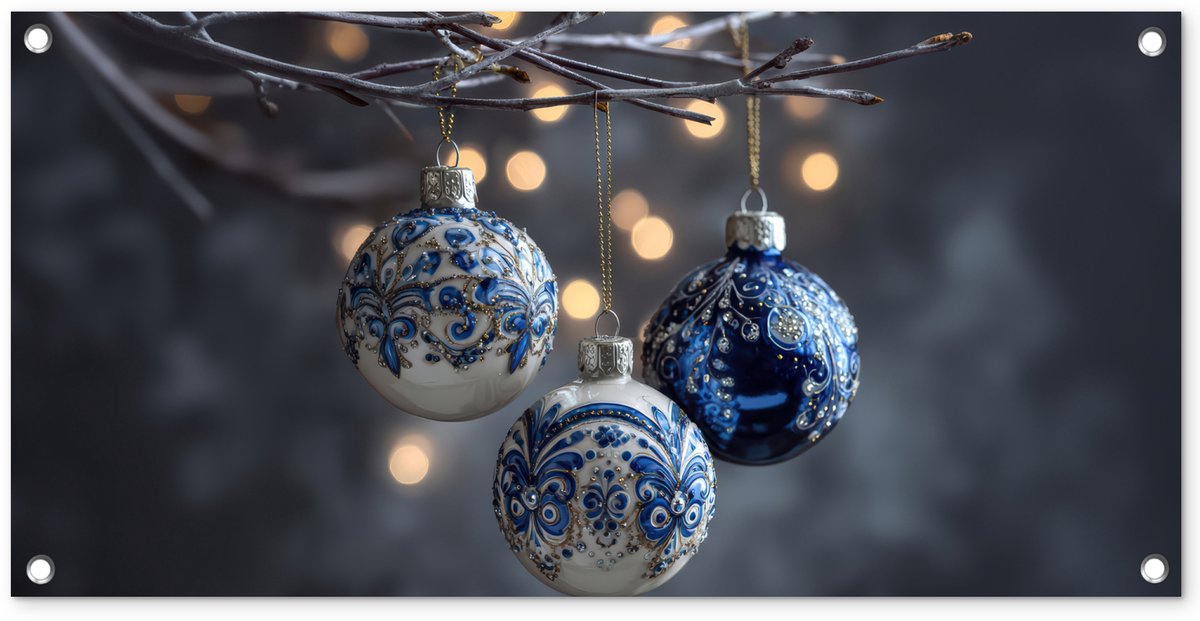 Tuinposter 80x40 cm met blauwe kerstbal en versieringen voor buitendecoratie.