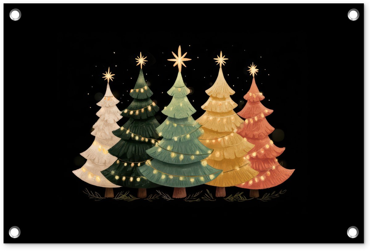 Tuinposter 60x40 cm - Tuindecoratie Kerstbomen - Kleurrijk - Lichtjes - Ster - Poster voor in de tuin - Buiten decoratie - Schutting tuinschilderij - Tuindoek muurdecoratie - Wanddecoratie balkondoek