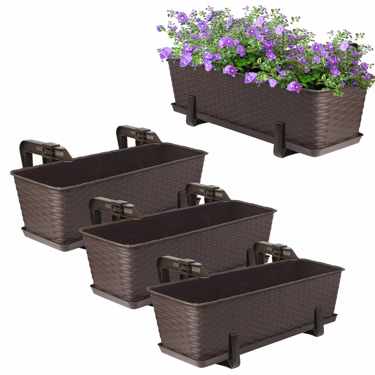 3x Balkonbak 60cm Bruin met Ophangbeugels - Complete Set