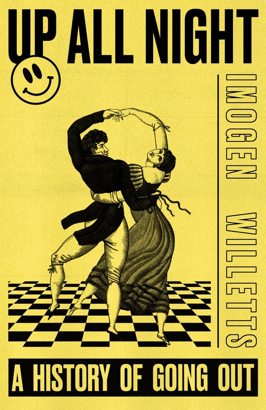 Geel boek met een vintage illustratie van een dansend koppel op een schaakbordvloer en de tekst Up All Night.