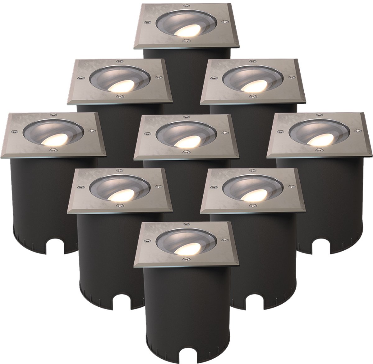 Set van 9 Cody LED Grondspots RVS - GU10 4,5 Watt 345 lumen dimbaar - 4000K neutraal wit - Kantelbaar - Overrijdbaar - Vierkant - IP67 waterdicht