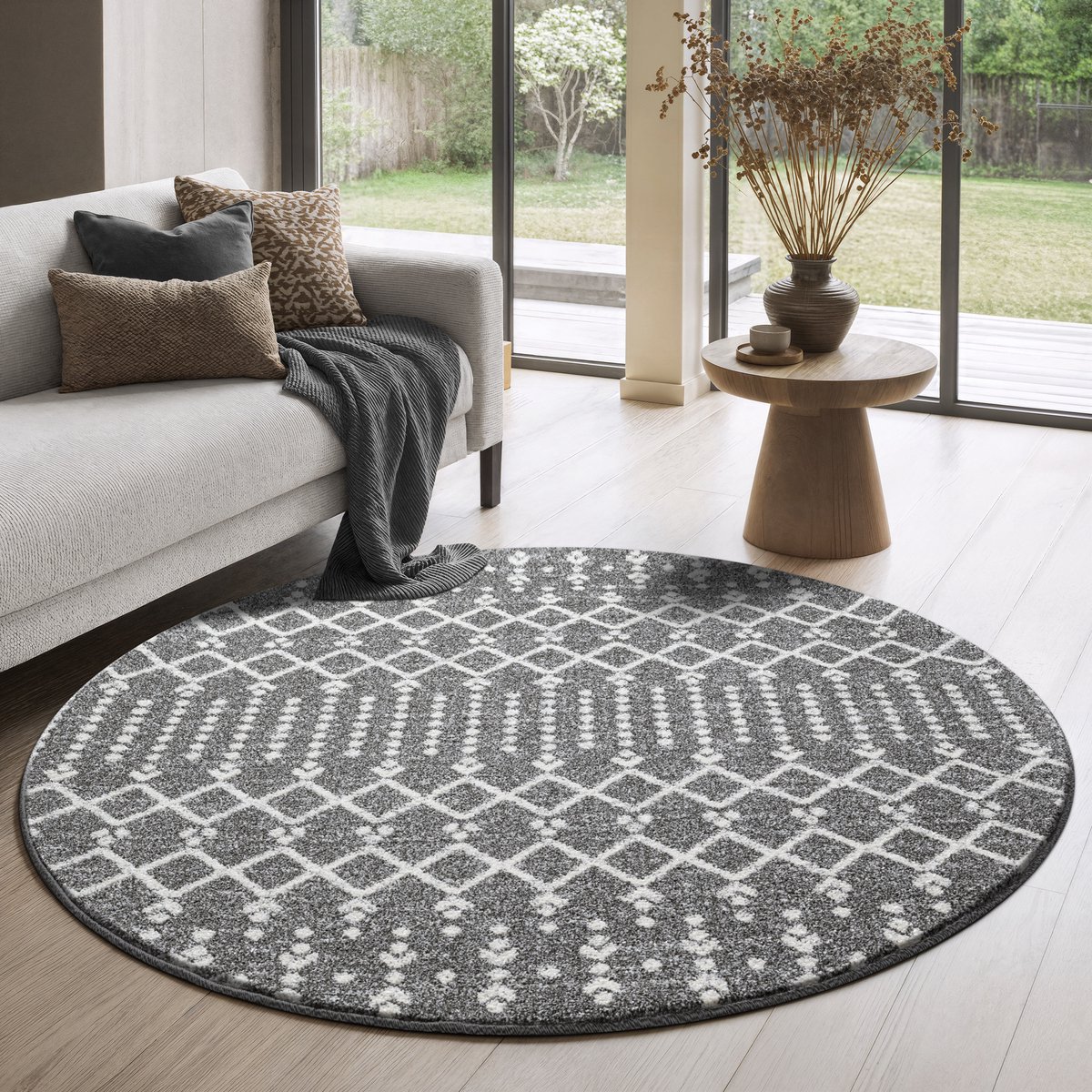 Muratap Boho Rond Nomade Laagpolig Vloerkleed Grijs- 150 CM Ø
