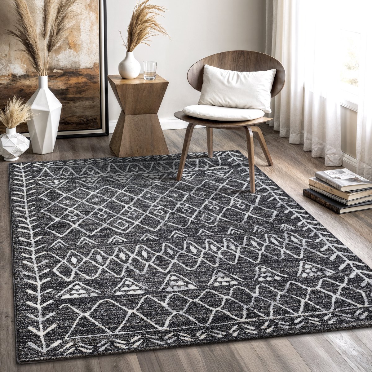 Muratap Boho Vintage Laagpolig Vloerkleed Zwart/Grijs- 80x200 CM