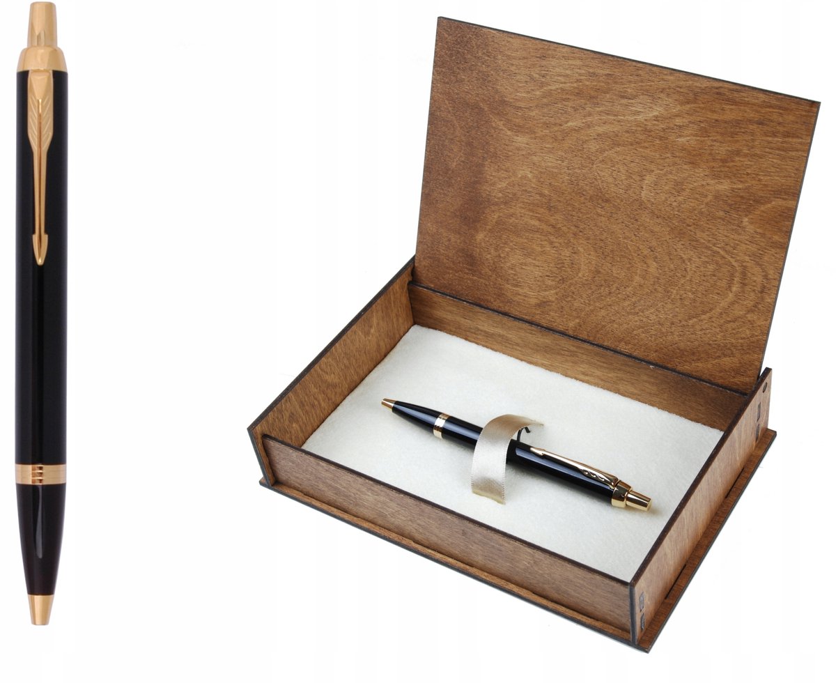 Parker IM Zwart Gouden Drukpen met Houten Koffer & Gravure