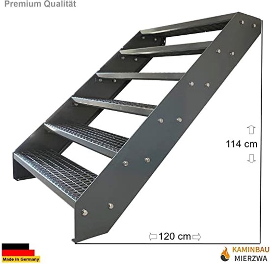 Grating stalen Stringer Trap 5 Treden Volledig gegalvaniseerd en Antraciet Gepoedercoate trapbomen - Afmetingen (L x B x H) 101cm x 120cm x 95cm Weerbestendig en corrosiebestendig
