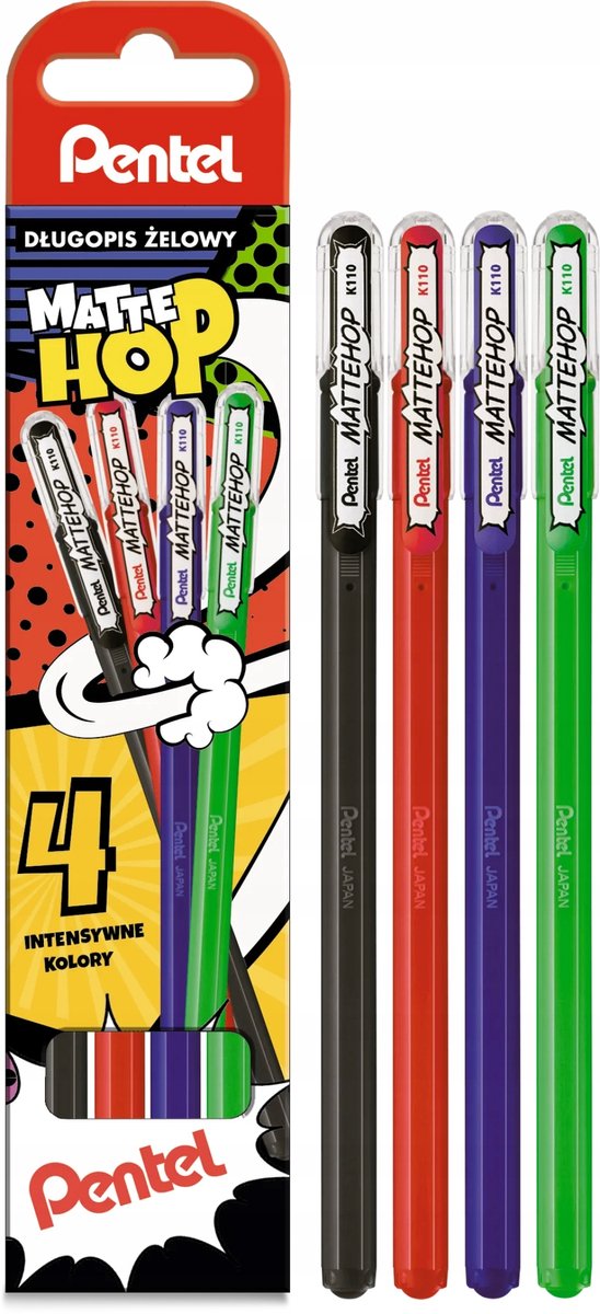 Pentel Mattehop gelpen 1 mm, 4 stuks, levendige kleuren