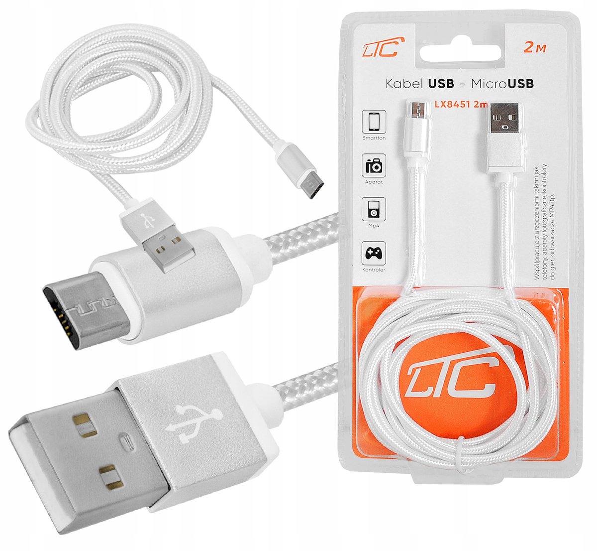 LTC USB-A naar MicroUSB Kabel 2M Wit - Sterk Gevlochten, Snel Laden