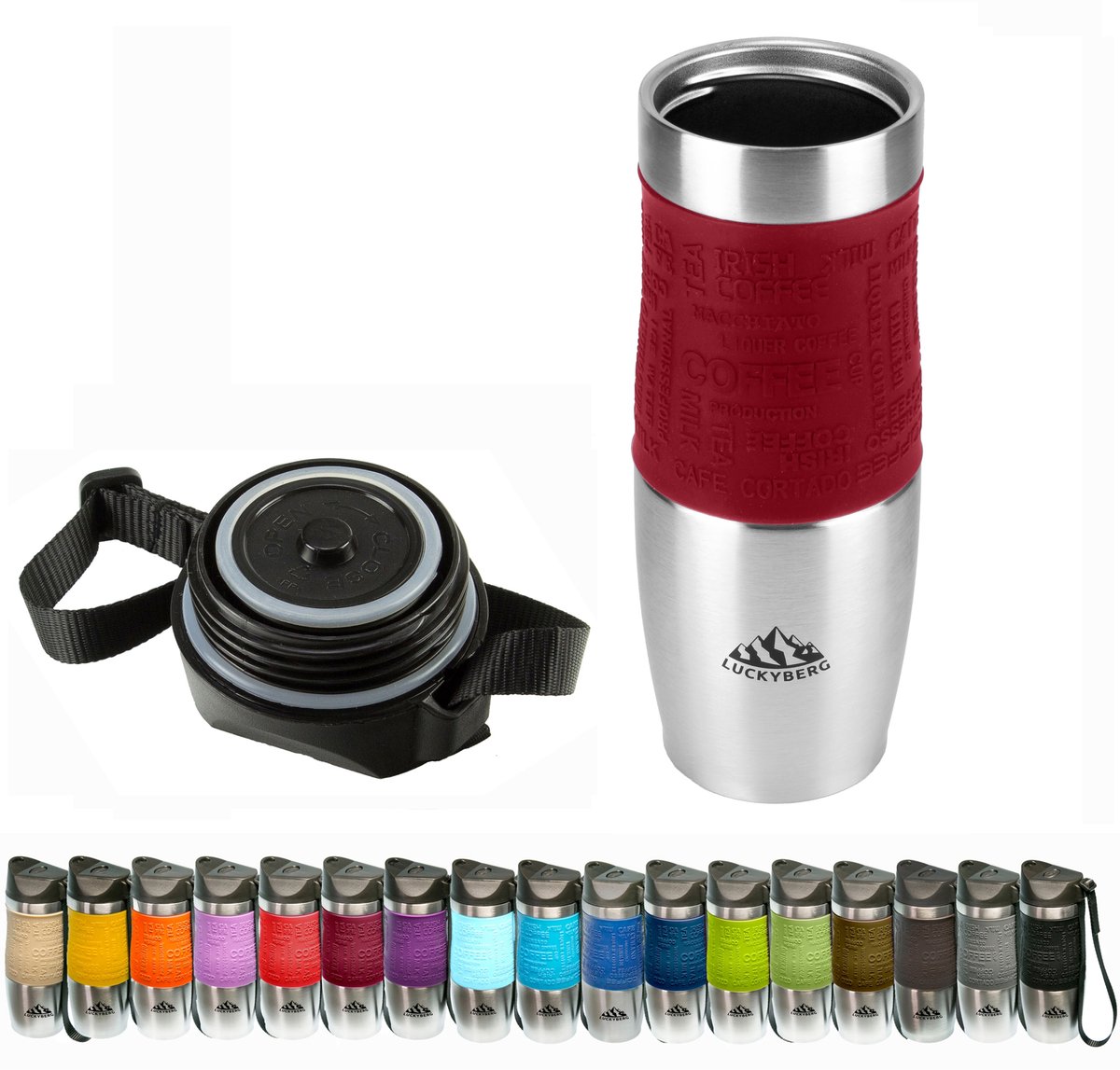LUCKYBERG Thermos Mok 480ml – Rood, RVS, 6u Warm/8u Koud
