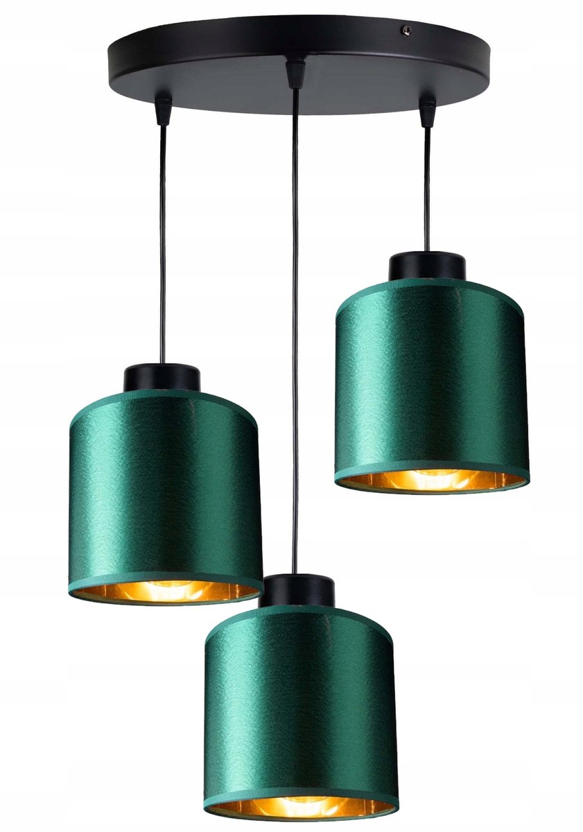 Hanglamp met groene stoffen lampenkap en gouden binnenrand (3xE27)