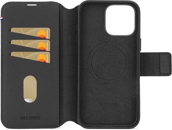 DECODED Étui portefeuille amovible en cuir pour iPhone 16 Pro Max – Étui magnétique amovible 2 en 1 avec porte-cartes – Cuir ECCO de Premium – Compatible avec MagSafe – Zwart