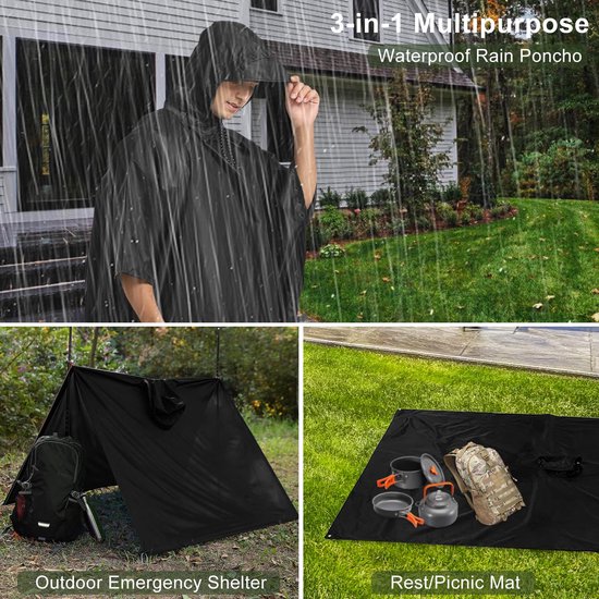 Zwarte regenponcho, ook te gebruiken als noodonderdak of picknickmat.