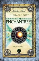 Boekomslag van 'The Enchantress' door Michael Scott, met de titel in groen en een zonnepatroon met een explosie.