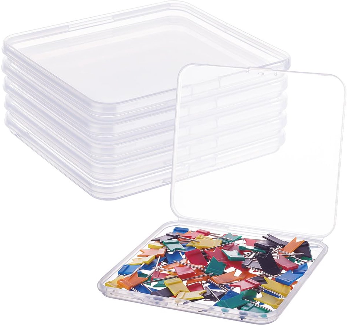 Set van 6 kunststof opbergdozen - Doorzichtig - 12,5 x 11,2 x 1,1 cm - Klapdeksel voor kleine voorwerpen
