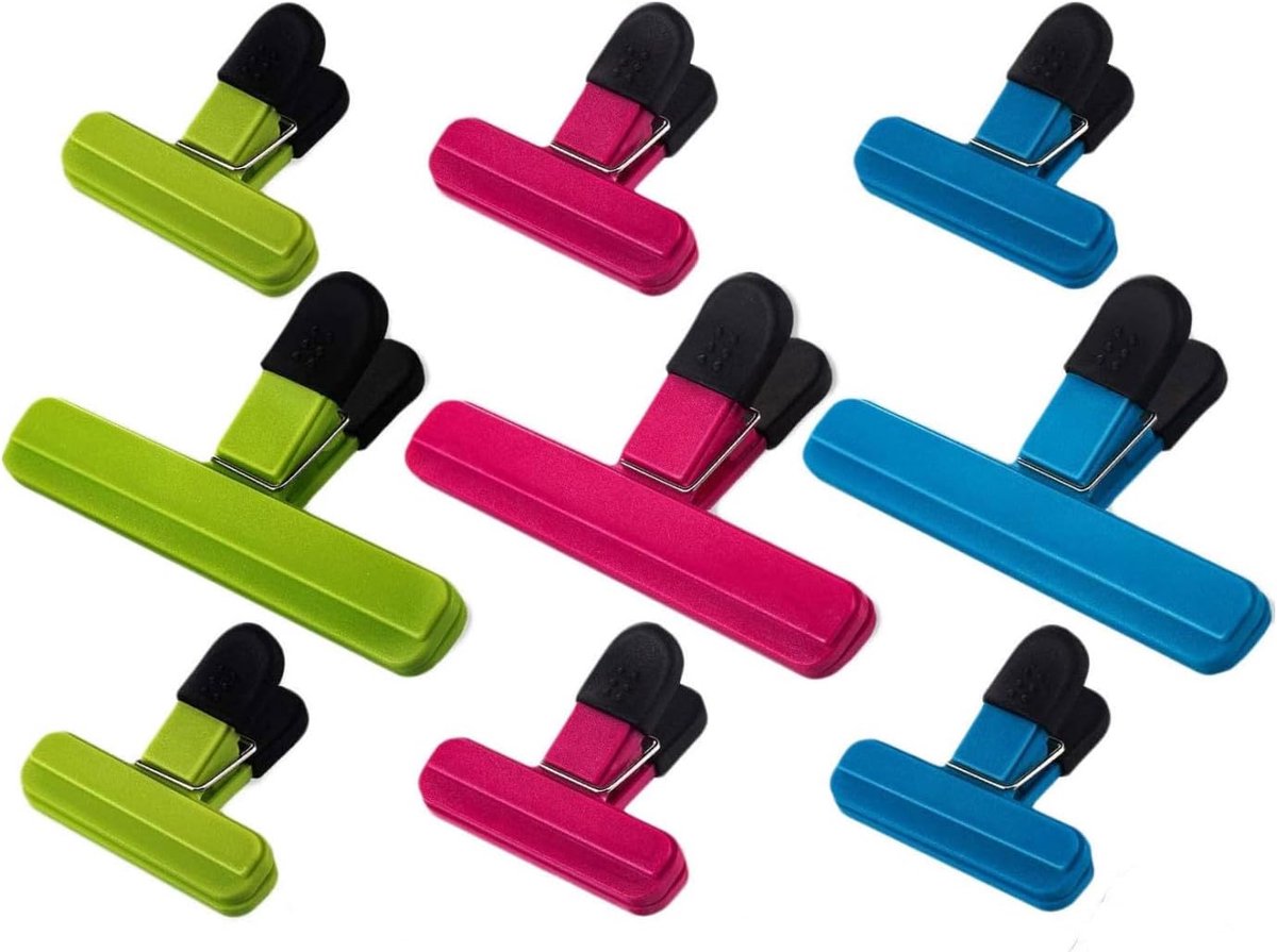 Set van 9 Zakclips – PVC met Rubberen Grip – 2 Formaten (15,5 cm & 7,8 cm) – Sterk & Herbruikbaar – Voor Keuken & Huishouden