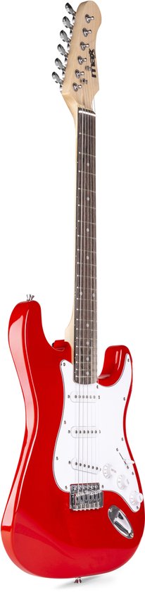 Een rode elektrische MAX gitaar met witte slagplaat.