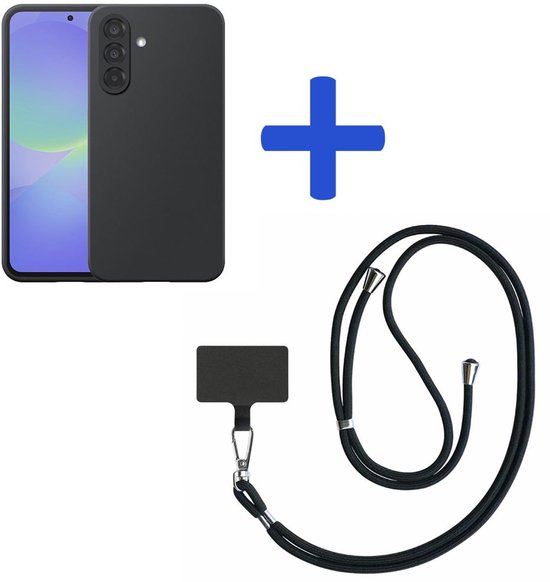 Zwart mat telefoonhoesje met paars scherm, plus-teken, smartphone-hanger en zwart koord.