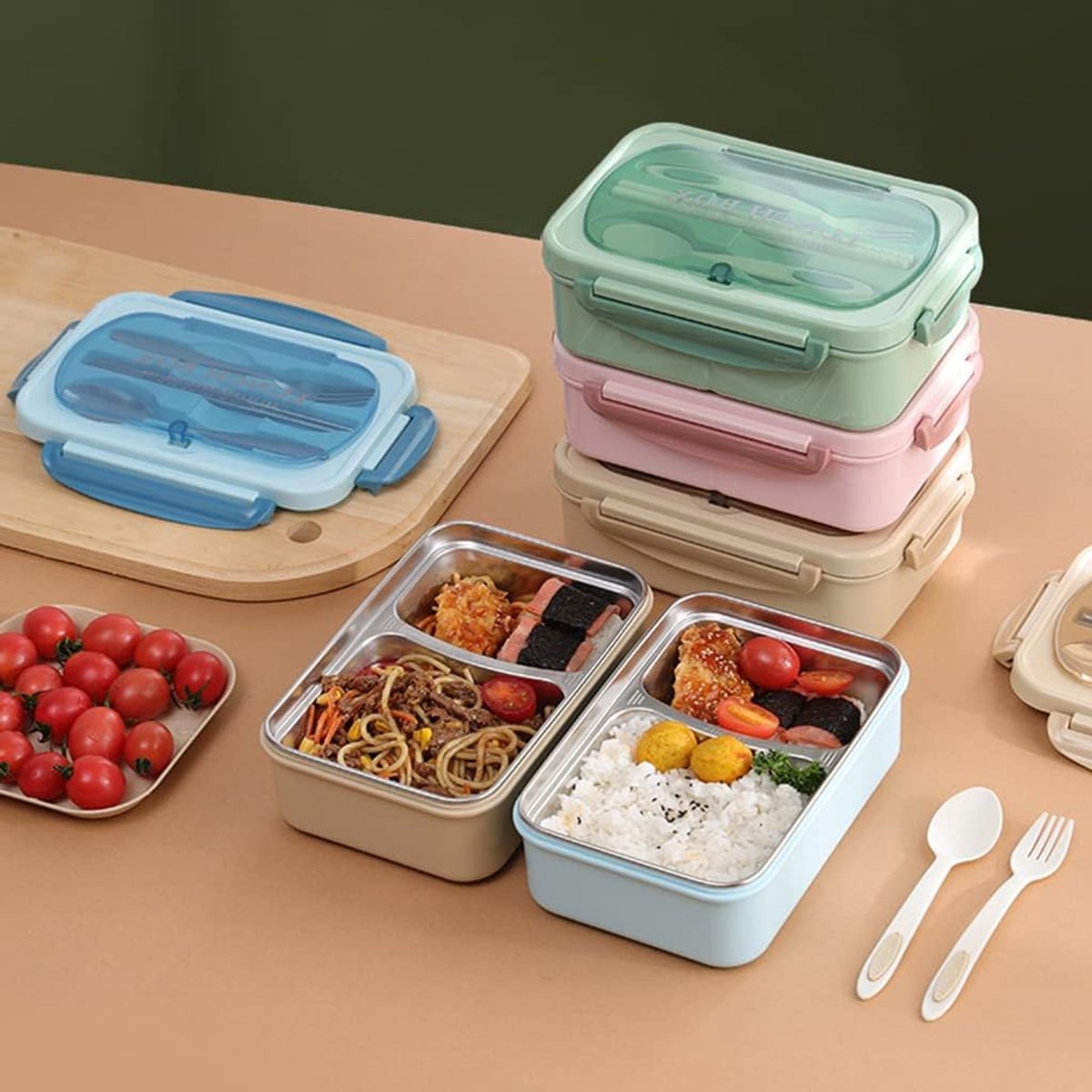 Lekvrije lunchbox - Lunchbox met 2 compartimenten - Inclusief bestek - Geïsoleerde lunchbox met verdeling - Roestvrij staal - Geschikt voor volwassenen kinderen - Vaatwasserbestendig - Kan warm eten bevatten - Bentobox - 21,3 x 14,5 x 7,5 cm - Khaki — cadeau in Koken & Dineren - foto 6