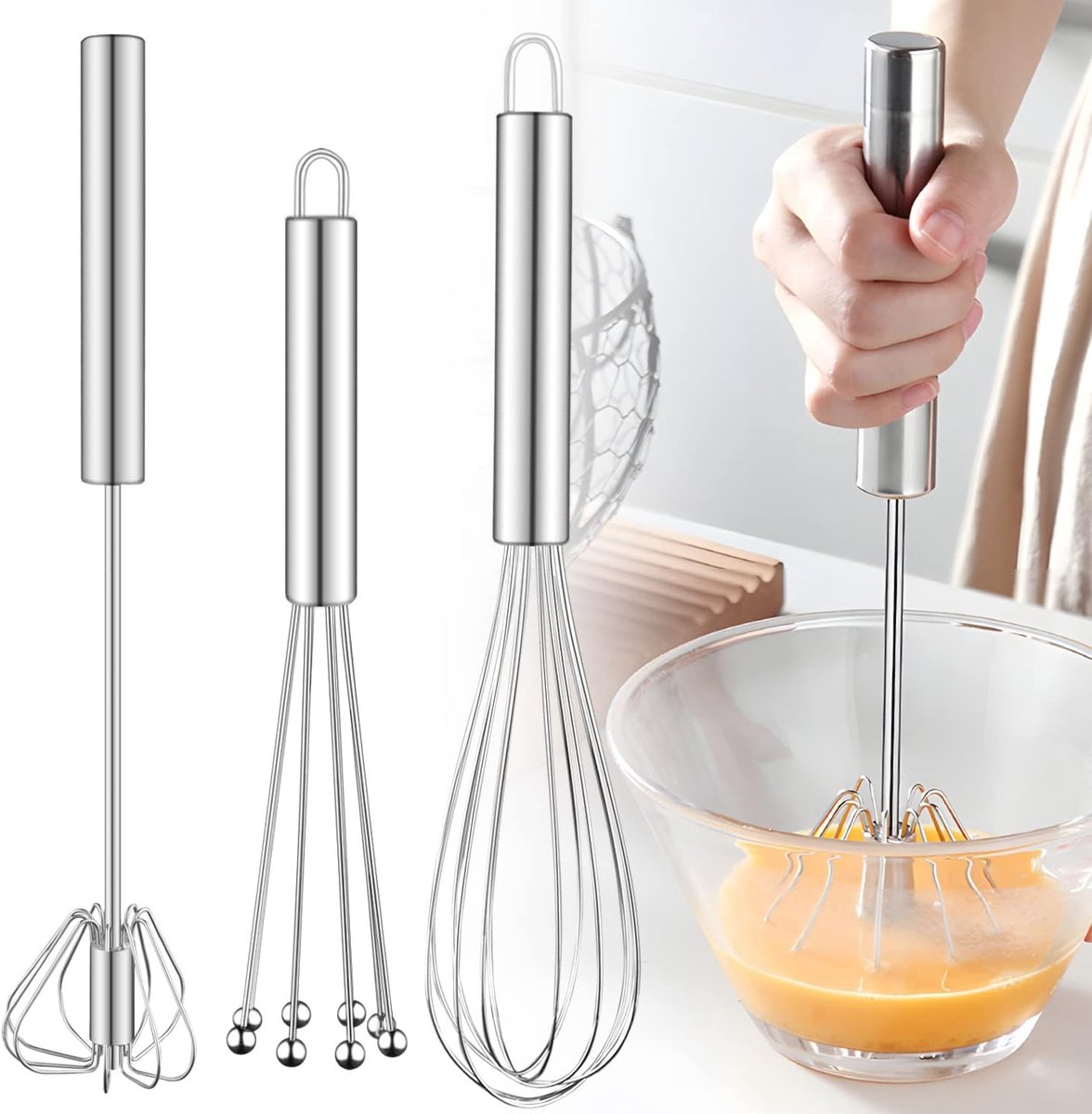 RVS 3-delige Klopper Set – Ballonklopper met Kralen – Half-Automatische Hoge Kwaliteit Klopper voor Mengen, Roeren en Beslaan – Zilver