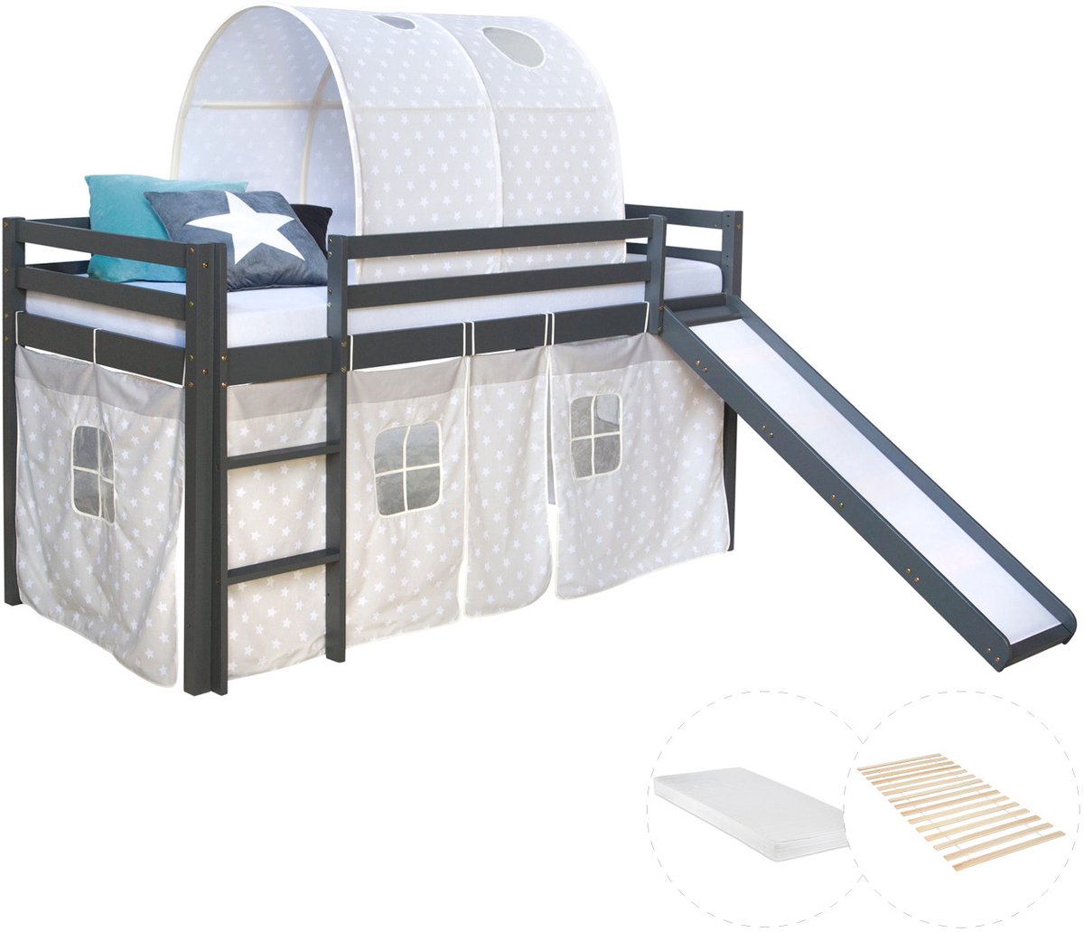 Homestyle4u Hoogslaper - 90x200 cm - met glijbaan - met matras - met gordijn en tunnel- met sterren - grijs
