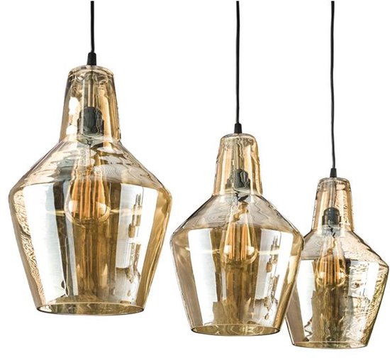 Suspension industrielle en Glas (3 sources lumineuses) - Suspension pour table à manger avec 3 Sources lumineuses en Glas ambré - Plafonnier style industriel/rustique/ Vintage en Glas (112 cm)