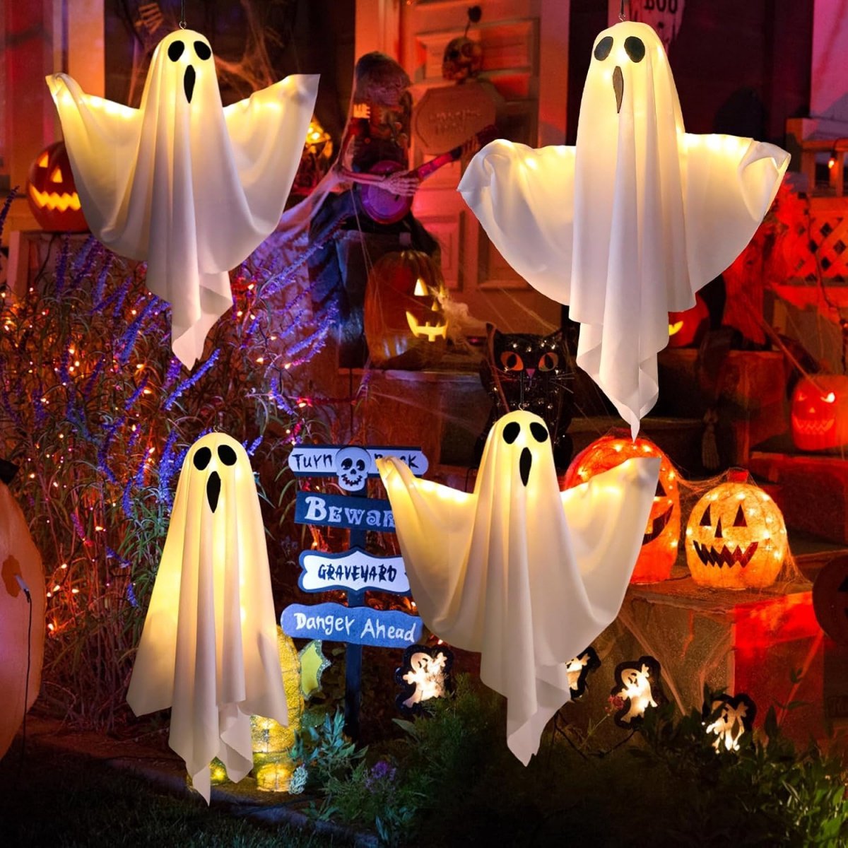 EXCITAT spookdecoraties - 4-pack - hangende spoken met led-lampjes - Party patio deur raam boom veranda huis gazon muur hangende decoraties - Wit