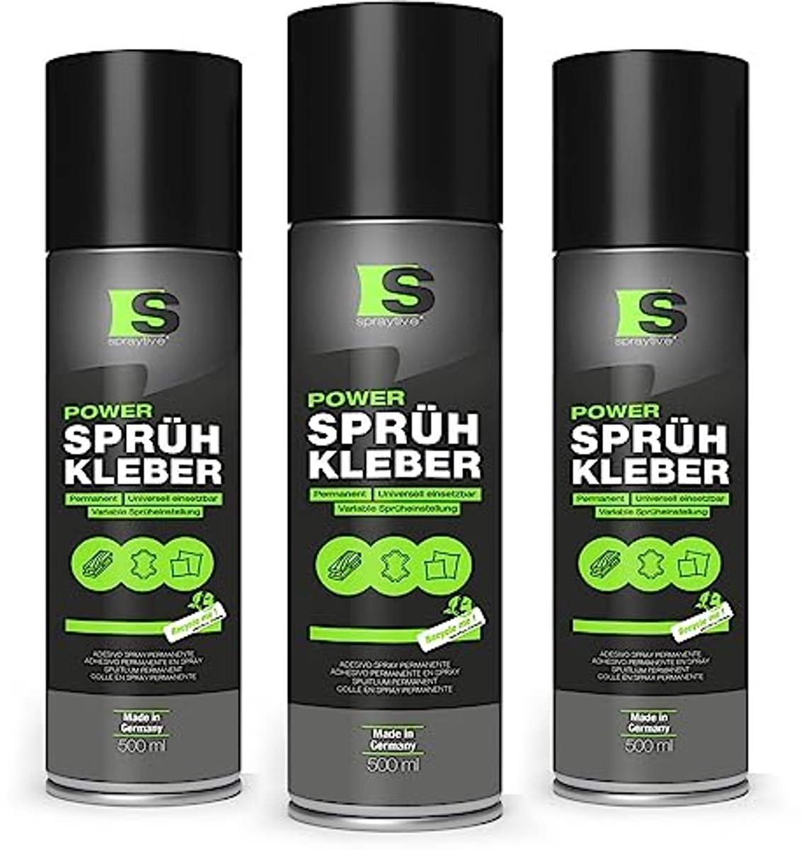 3 x 500 ml krachtige spuitlijm voor textiel, schuim, leer en meer - sneldrogend met variabele sproeiinstelling