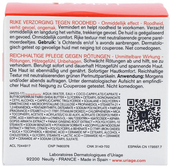 Doosje Uriage Roséliane crème, met ingrediëntenlijst en barcodes.