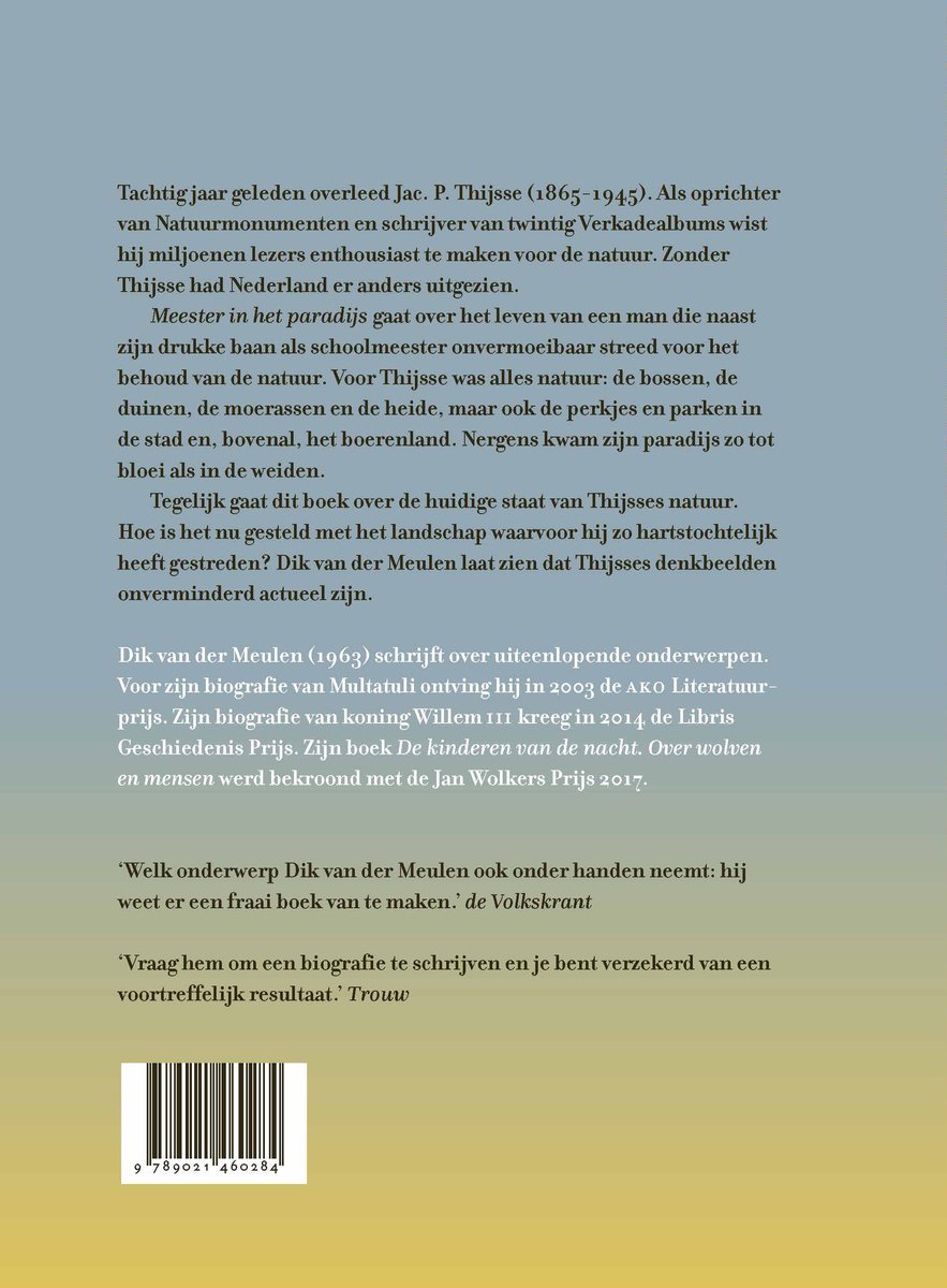 Achterkant van het boek 'Meester in het paradijs' met tekst over Jac. P. Thijsse en de auteur.