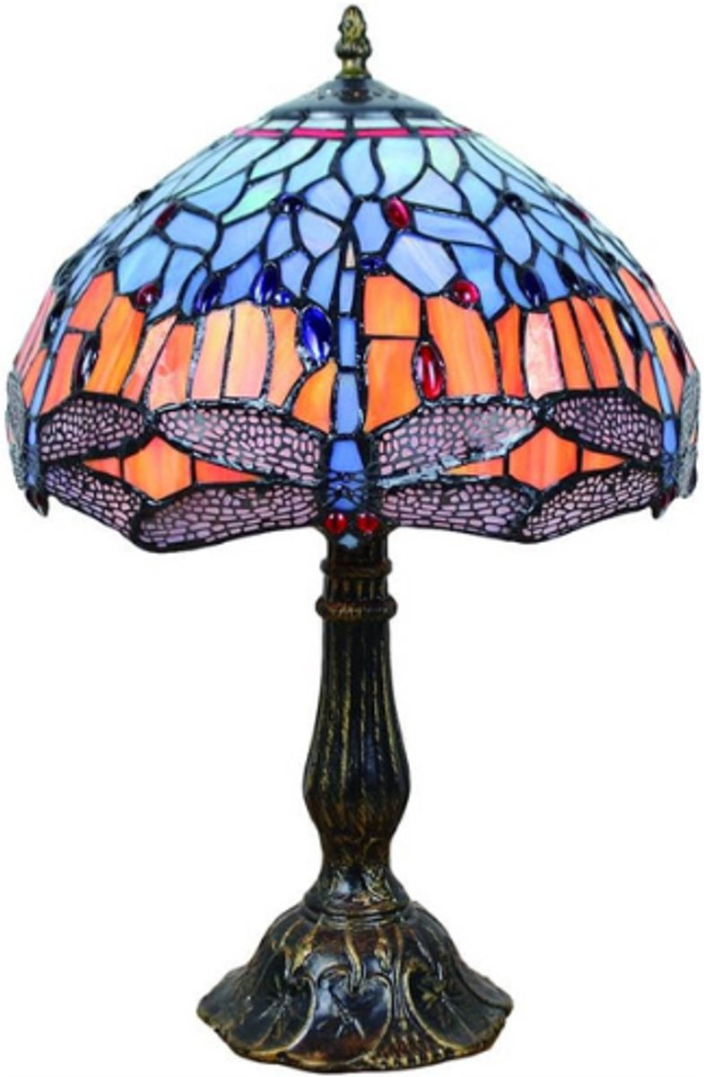 Tiffany Tafellamp 50cm E27 - Vintage Blauwe Libelle Lampenkap - Glas Schilderij Nachtlamp Voor Slaapkamer Woonkamer Trapgang - Leestafel Lamp - Zonder Lampen