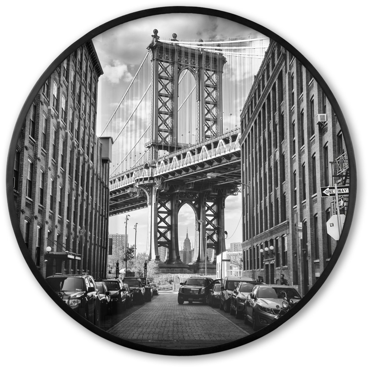FrameYourWall Poster in lijst Rond - Fotolijst 60x60 cm - Posters - Straat - Brug - Amerika - Zwart wit - Ronde posterlijst zwart - Decoratie - Wanddecoratie woonkamer - Muurdecoratie slaapkamer New York - Brooklyn Bridge - Close Up