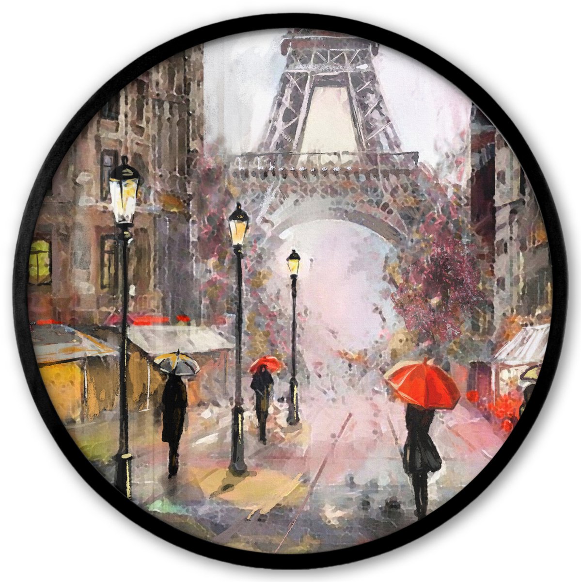 FrameYourWall Poster in lijst Rond - Fotolijst 40x40 cm - Posters - Schilderij - Parijs - Eiffeltoren - Paraplu - Olieverf - Ronde posterlijst zwart - Decoratie - Wanddecoratie woonkamer - Muurdecoratie slaapkamer Verf - Parijs