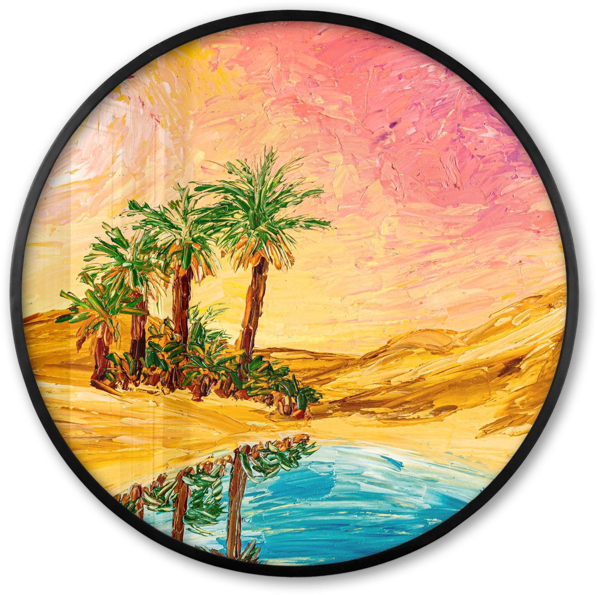 FrameYourWall Poster in lijst Rond - Fotolijst 80x80 cm - Posters - Schilderij - Olieverf - Palmboom - Natuur - Water - Ronde posterlijst zwart - Decoratie - Wanddecoratie woonkamer - Muurdecoratie slaapkamer Multicolor