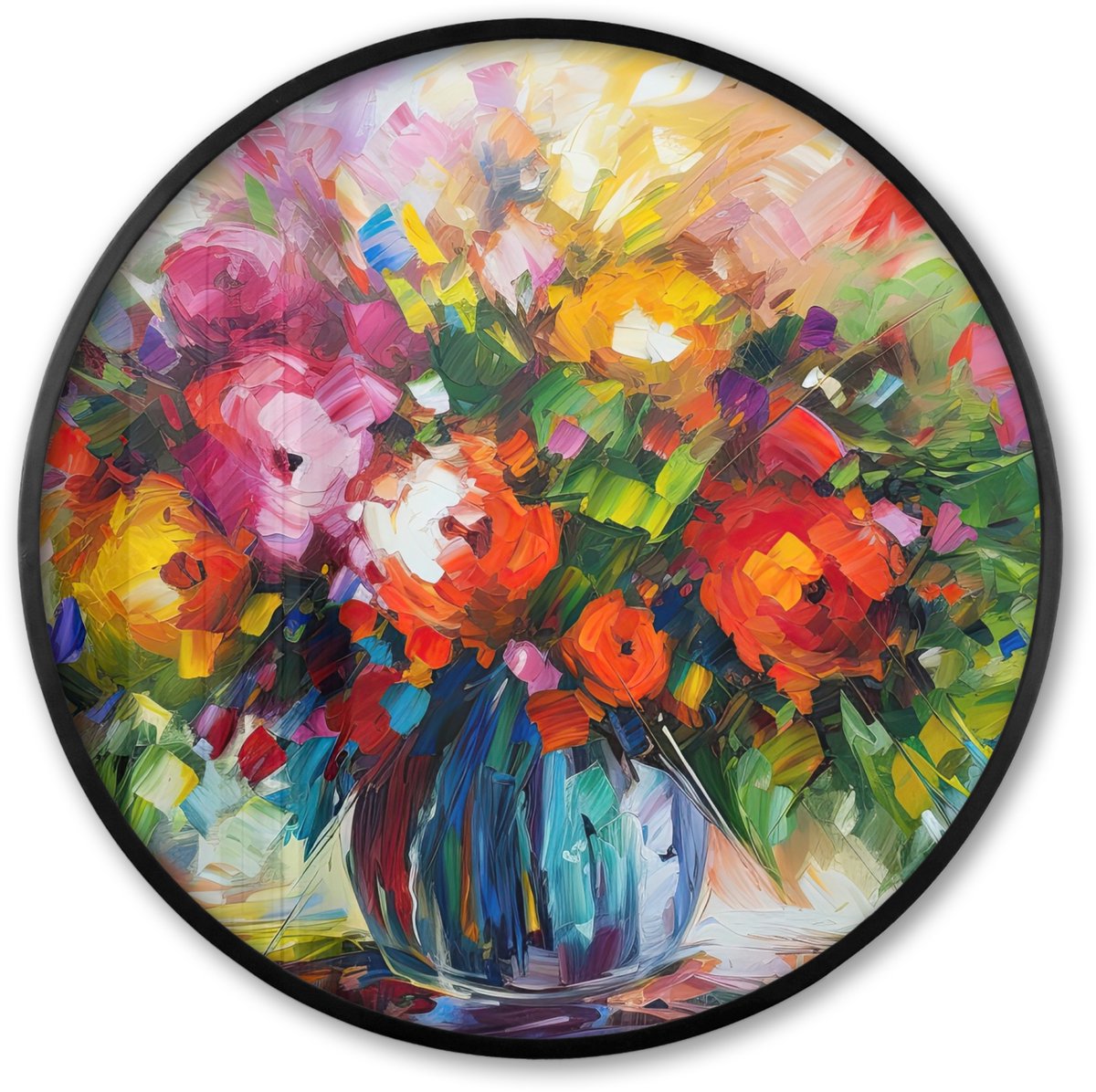 FrameYourWall Poster in lijst Rond - Fotolijst 60x60 cm - Posters - Bloemen - Kleurrijk - Bloempot - Olieverf - Ronde posterlijst zwart - Decoratie - Wanddecoratie woonkamer - Muurdecoratie slaapkamer Kleurrijk - Bloemen