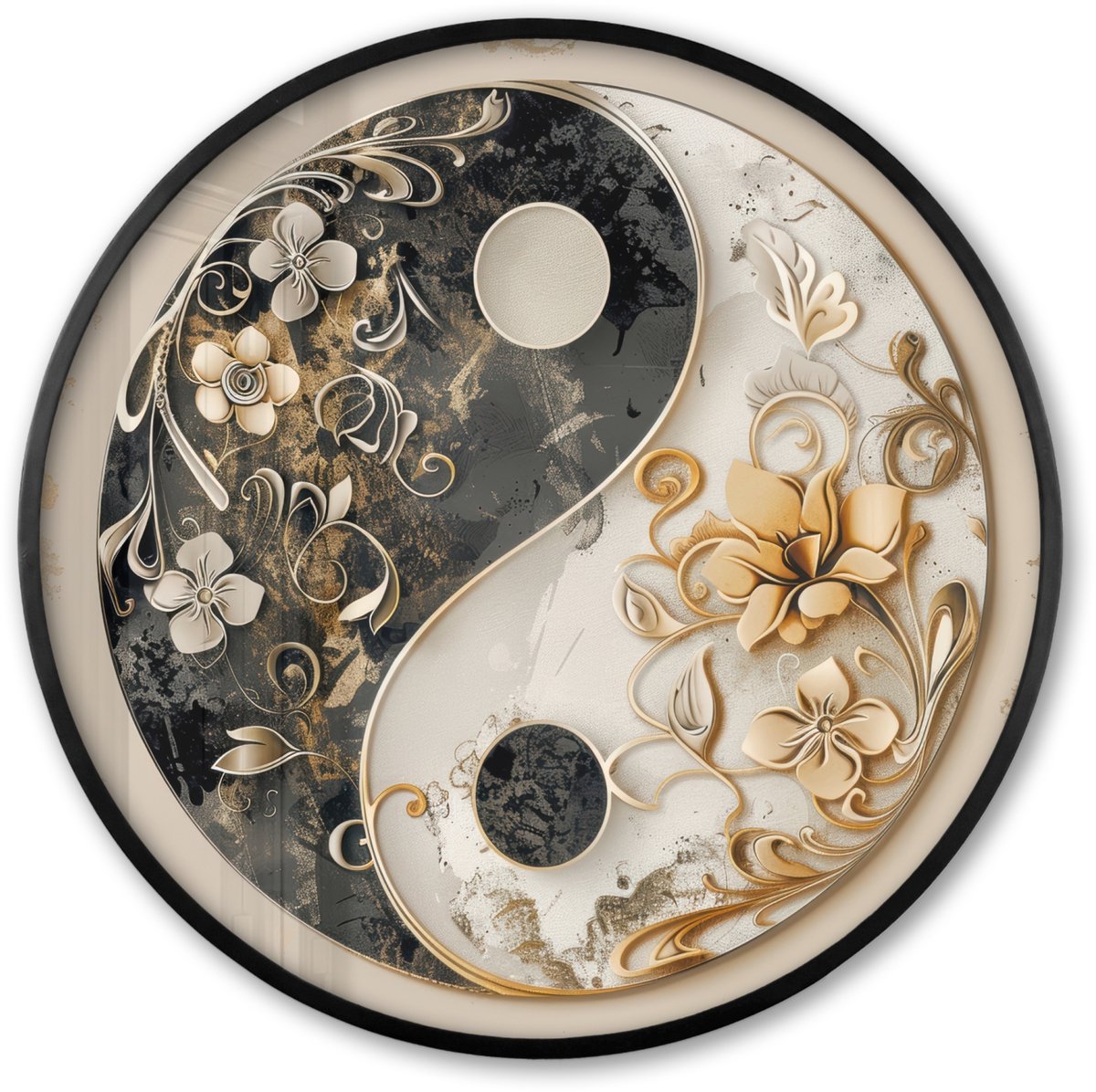FrameYourWall Poster in lijst Rond - Fotolijst 60x60 cm - Posters - Yin Yang - Bloemen - Zwart - Wit - Vintage - Ronde posterlijst zwart - Decoratie - Wanddecoratie woonkamer - Muurdecoratie slaapkamer