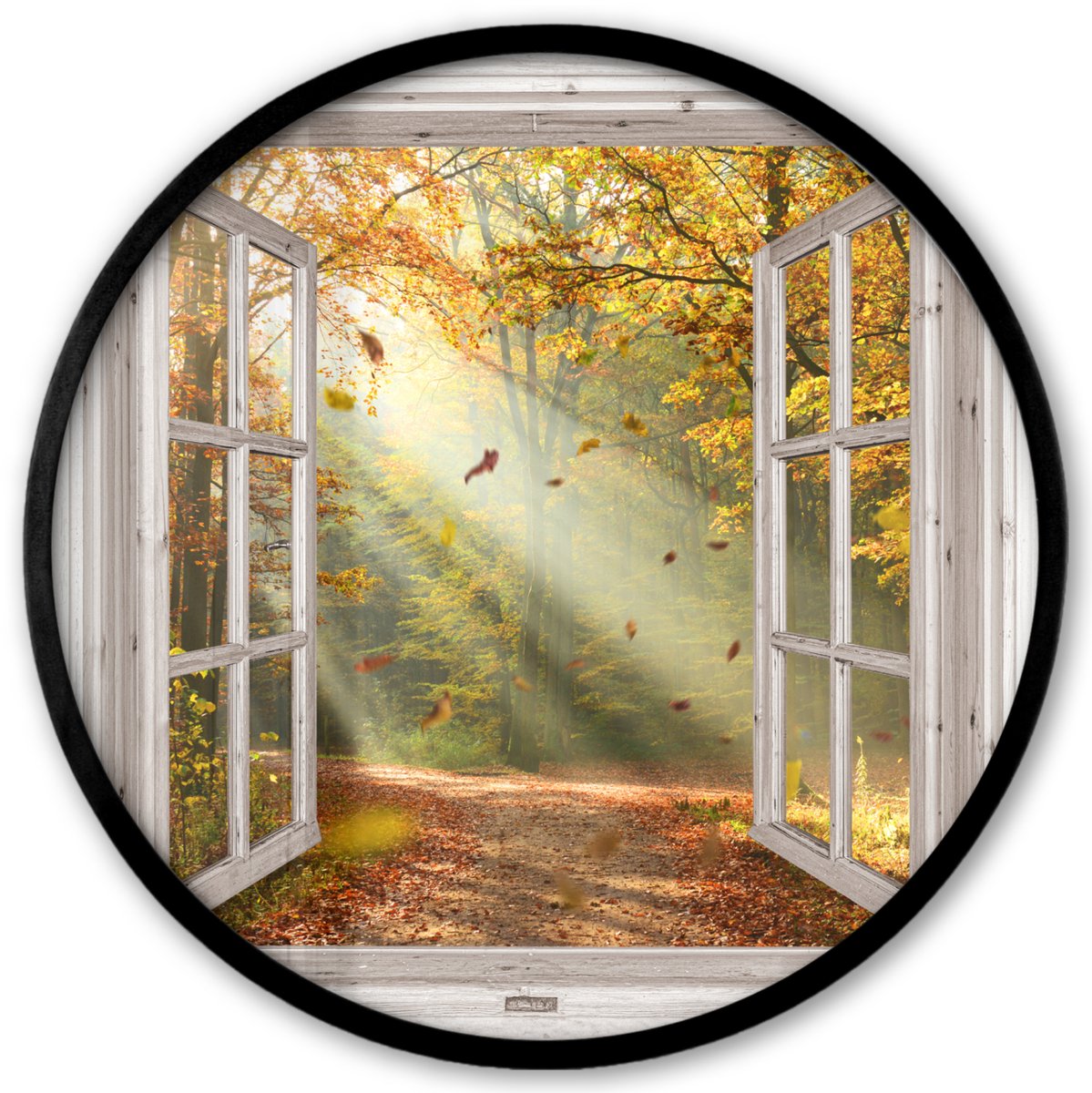 FrameYourWall Poster in lijst Rond - Fotolijst 40x40 cm - Posters - Bos - Bomen - Herfst - Zon - Herfstbladeren - Natuur - Doorkijk - Ronde posterlijst zwart - Decoratie - Wanddecoratie woonkamer - Muurdecoratie slaapkamer