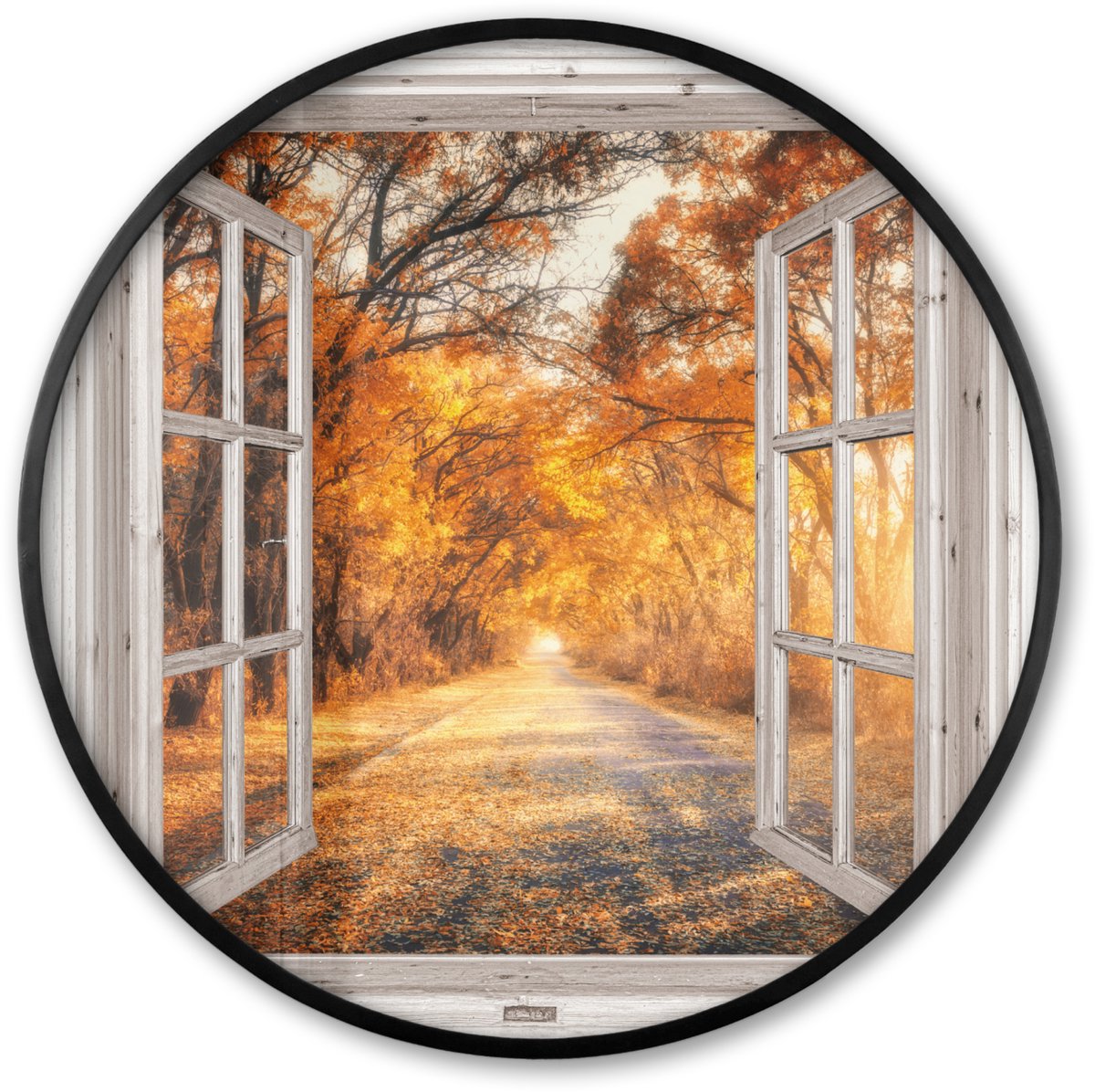 FrameYourWall Poster in lijst Rond - Fotolijst 80x80 cm - Posters - Bos - Herfst - Bomen - Bospad - Natuur - Doorkijk - Ronde posterlijst zwart - Decoratie - Wanddecoratie woonkamer - Muurdecoratie slaapkamer