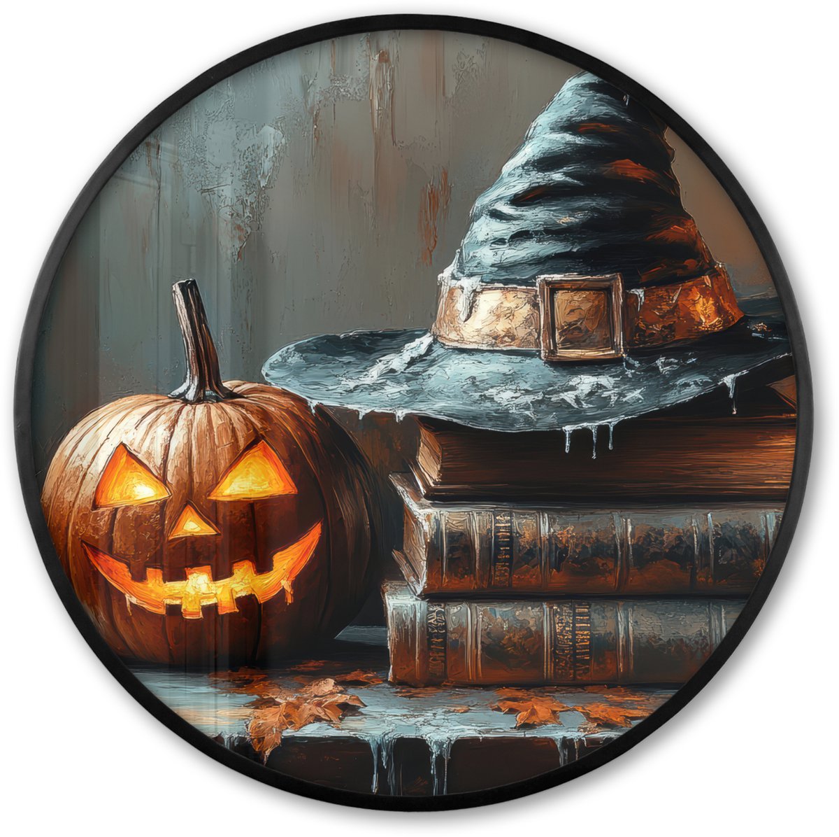 FrameYourWall Poster in lijst Rond - Fotolijst 60x60 cm - Posters - Halloween - Stilleven - Heksenhoed - Pompoen - Heks - Ronde posterlijst zwart - Decoratie - Wanddecoratie woonkamer - Muurdecoratie slaapkamer Halloween - Heksenhoed en pompoen