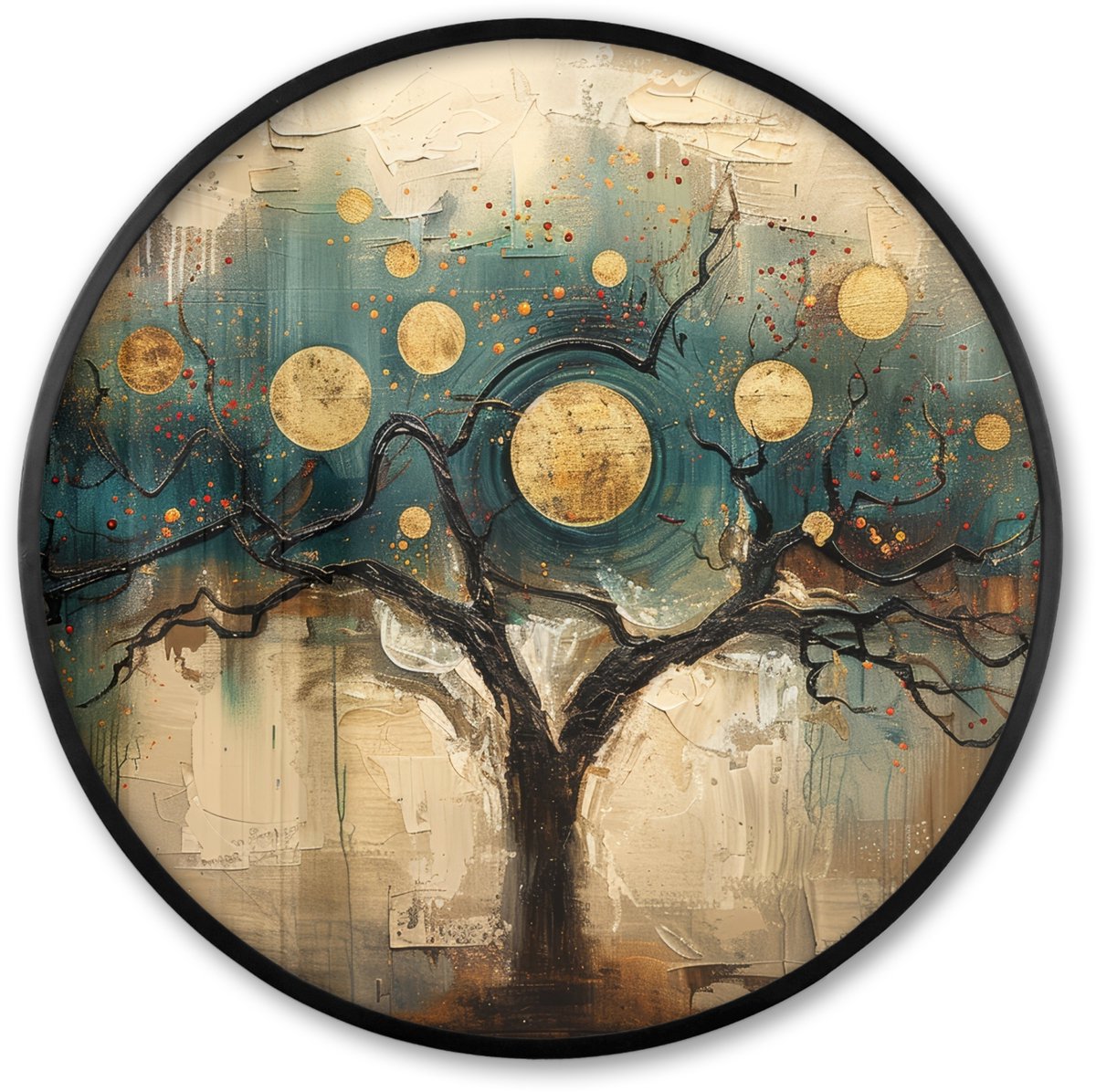 FrameYourWall Poster in lijst Rond - Fotolijst 60x60 cm - Posters - Boom - Abstract - Bruin - Goud - Industrieel - Ronde posterlijst zwart - Decoratie - Wanddecoratie woonkamer - Muurdecoratie slaapkamer Boom - Industrieel