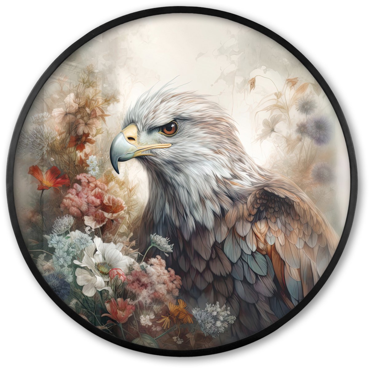 FrameYourWall Poster in lijst Rond - Fotolijst 60x60 cm - Posters - Arend - Adelaar - Vogel - Bloemen - Natuur - Ronde posterlijst zwart - Decoratie - Wanddecoratie woonkamer - Muurdecoratie slaapkamer Arend - Bloemen