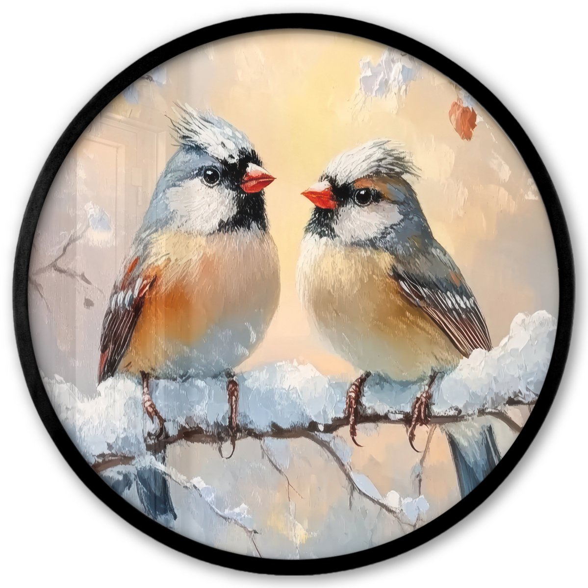 FrameYourWall Poster in lijst Rond - Fotolijst 40x40 cm - Posters - Vogels - Tak - Winter - Sneeuw - Ronde posterlijst zwart - Decoratie - Wanddecoratie woonkamer - Muurdecoratie slaapkamer Winter - Vogels