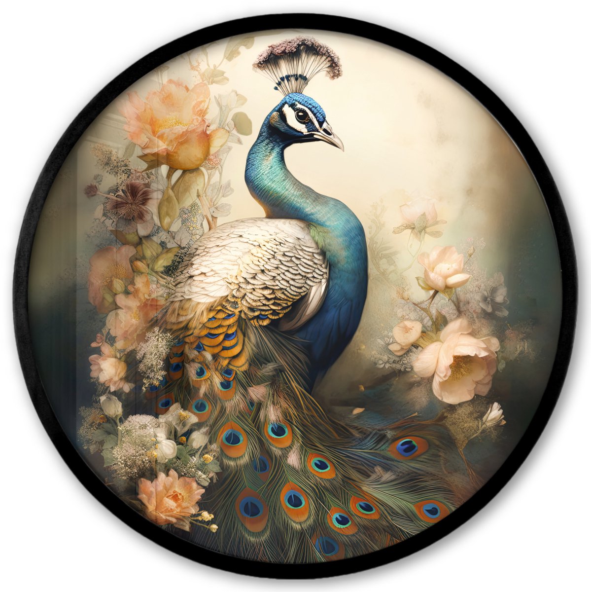 FrameYourWall Poster in lijst Rond - Fotolijst 40x40 cm - Posters - Pauw - Pauwenveren - Bloemen - Vogels - Botanisch - Ronde posterlijst zwart - Decoratie - Wanddecoratie woonkamer - Muurdecoratie slaapkamer Pauw - Vintage