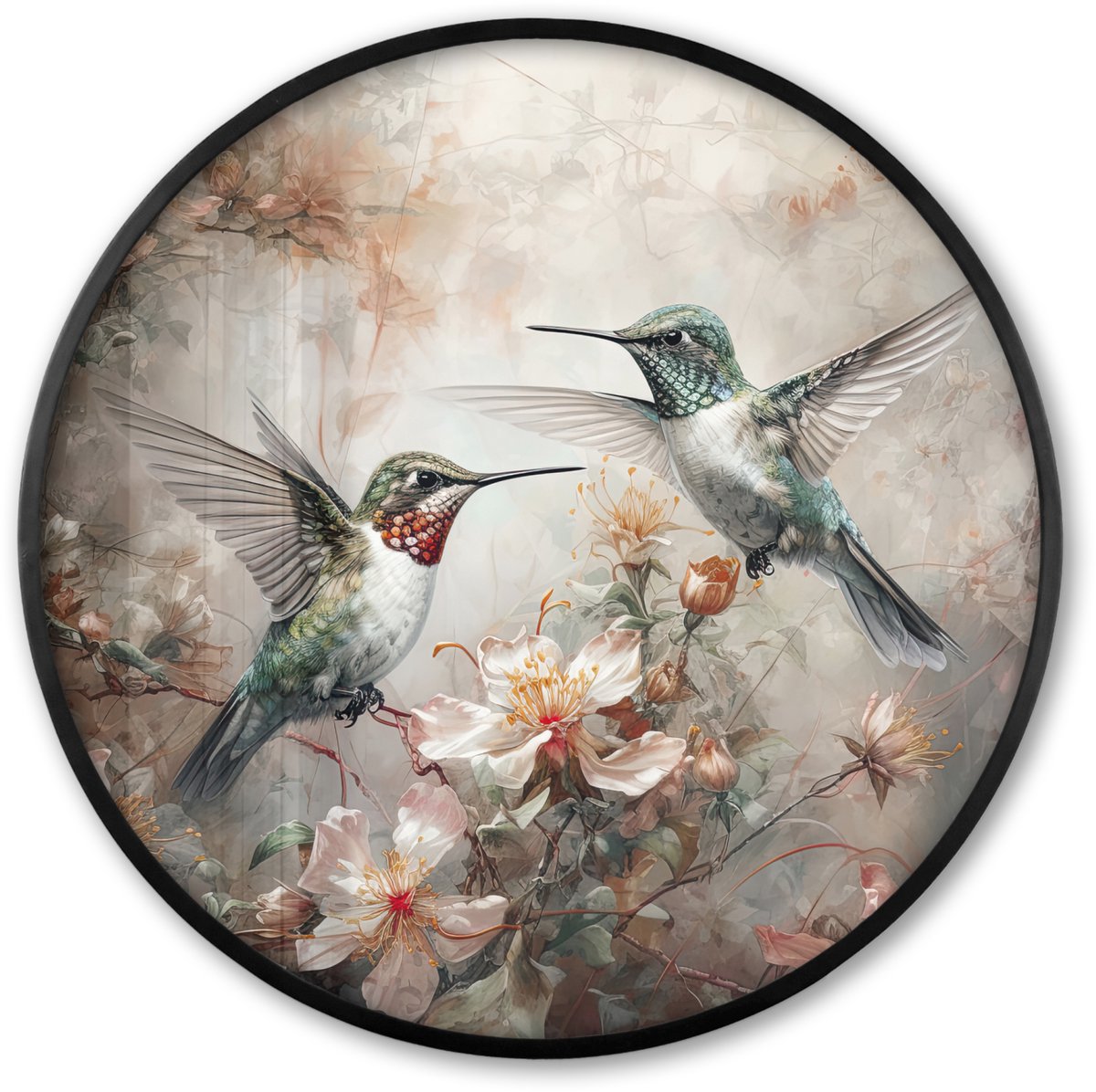 FrameYourWall Poster in lijst Rond - Fotolijst 60x60 cm - Posters - Kolibrie - Vogels - Bloemen - Planten - Ronde posterlijst zwart - Decoratie - Wanddecoratie woonkamer - Muurdecoratie slaapkamer Kolibrie - Bloemen