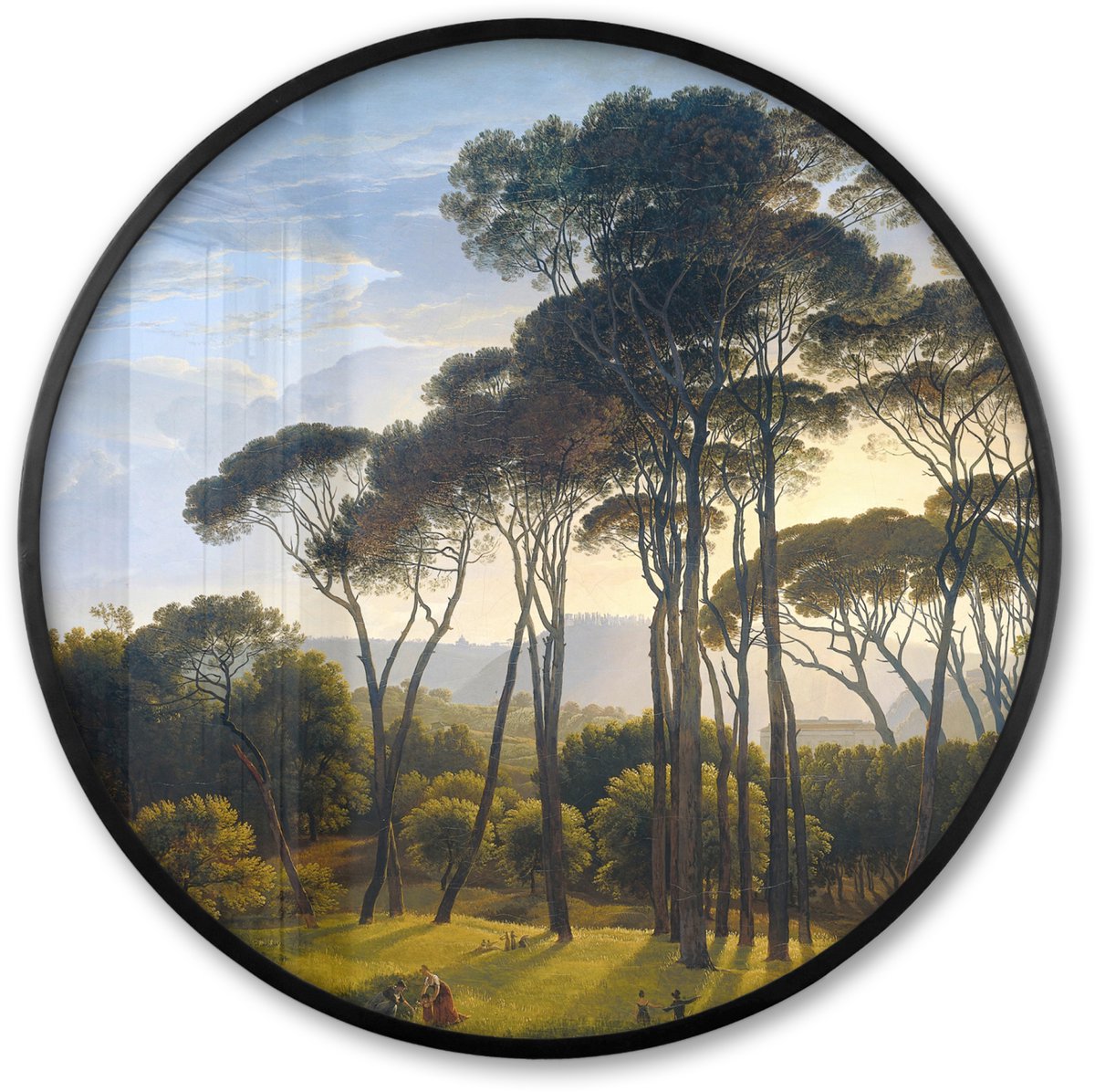 FrameYourWall Poster in lijst Rond - Fotolijst 80x80 cm - Posters - Italiaans landschap met parasoldennen - Kunst - Oude meesters - Ronde posterlijst zwart - Decoratie - Wanddecoratie woonkamer - Muurdecoratie slaapkamer