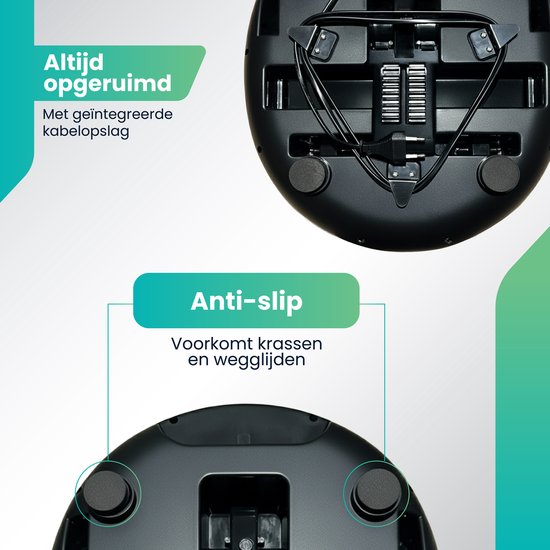 Onderkant van de voetmassager met snoeropslag. "Altijd opgeruimd Met geïntegreerde kabelopslag". Voetjes van de massager zijn "Anti-slip Voorkomt krassen en wegglijden".