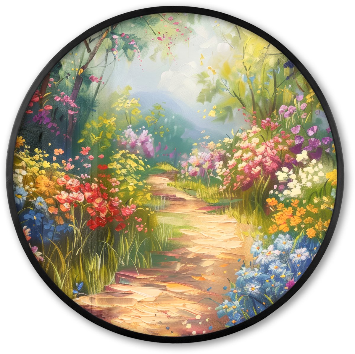 FrameYourWall Poster in lijst Rond - Fotolijst 60x60 cm - Posters - Natuur - Landschap - Bloemen - Kleurrijk - Ronde posterlijst zwart - Decoratie - Wanddecoratie woonkamer - Muurdecoratie slaapkamer Bloemen landschap